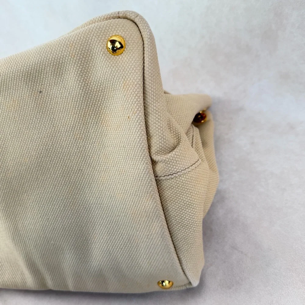 Prada Canapa Large Beige Canvas Tote Bag Gold Hardware